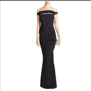 NWOT 🖤 Chiara Boni La Petite Robe Melania Black Trumpet Bardot Long Maxi Dress